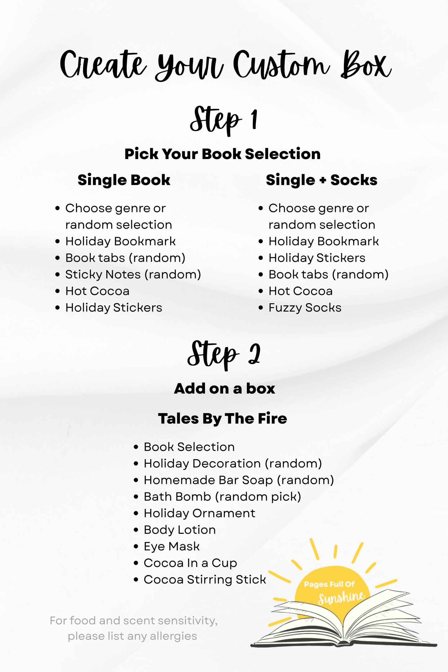 Instructions for creating a custom box with book selection and additional items on a white background.
