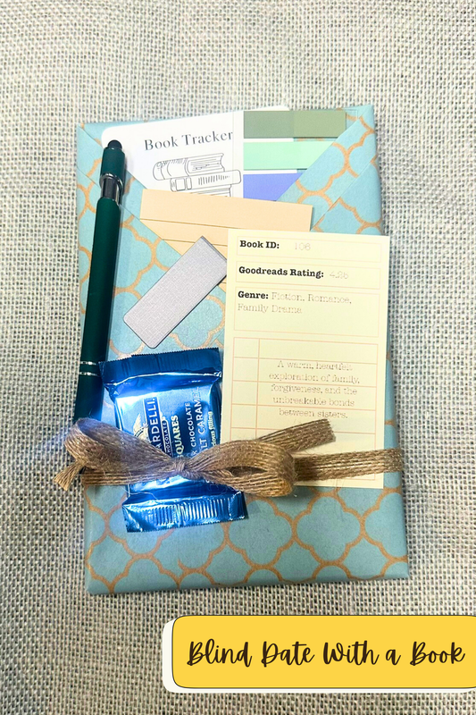 Wrapped book with pockets with book accessories inside. Including bookmark, pen, sticky notes, book tabs, and magnetic bookmark. 