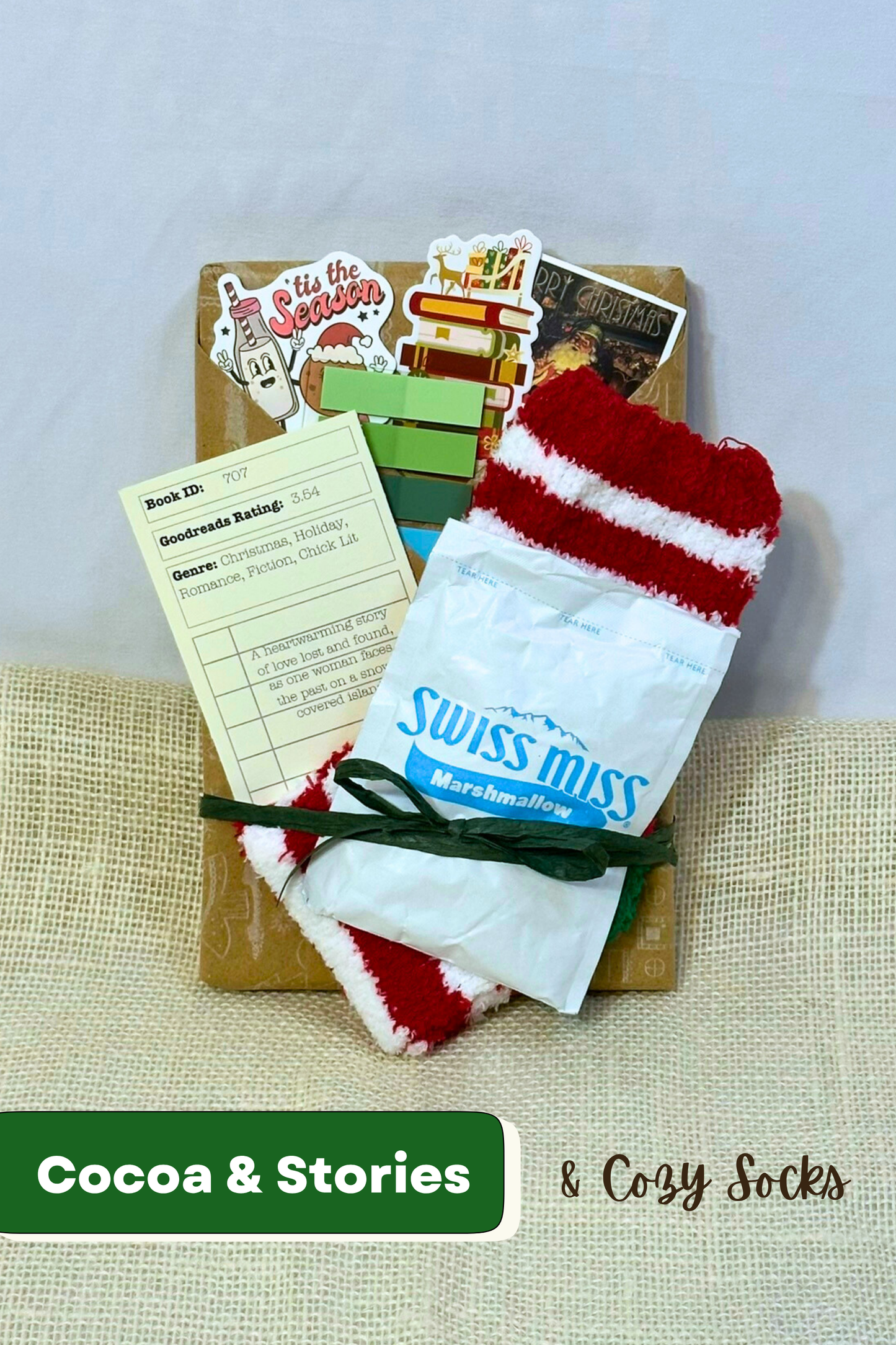 Book wrapped in holiday paper with pockets holding holiday stickers, holiday bookmark, sticky notes, sticky tabs, hot chocolate packet, holiday socks, and description of the book.