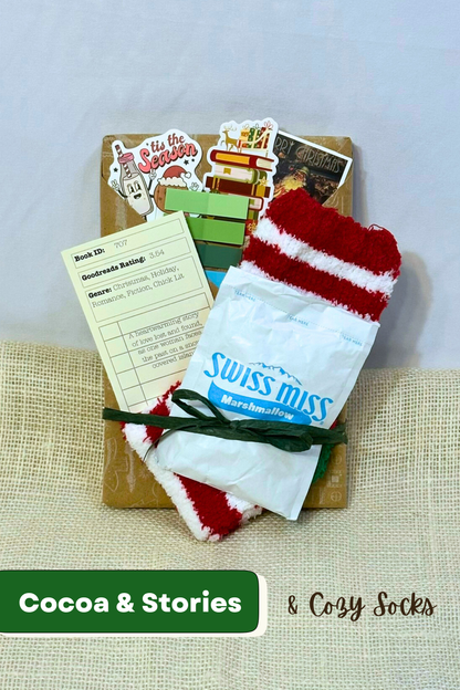 Book wrapped in holiday paper with pockets holding holiday stickers, holiday bookmark, sticky notes, sticky tabs, hot chocolate packet, holiday socks, and description of the book.