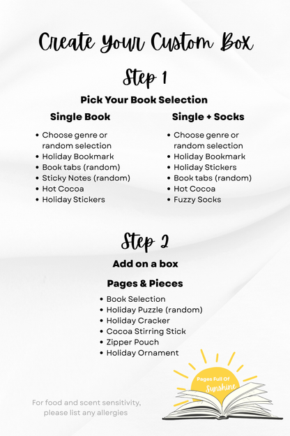 Instructions to create the custom box by selecting a blind date with a book with or without socks then add on the puzzle box. 